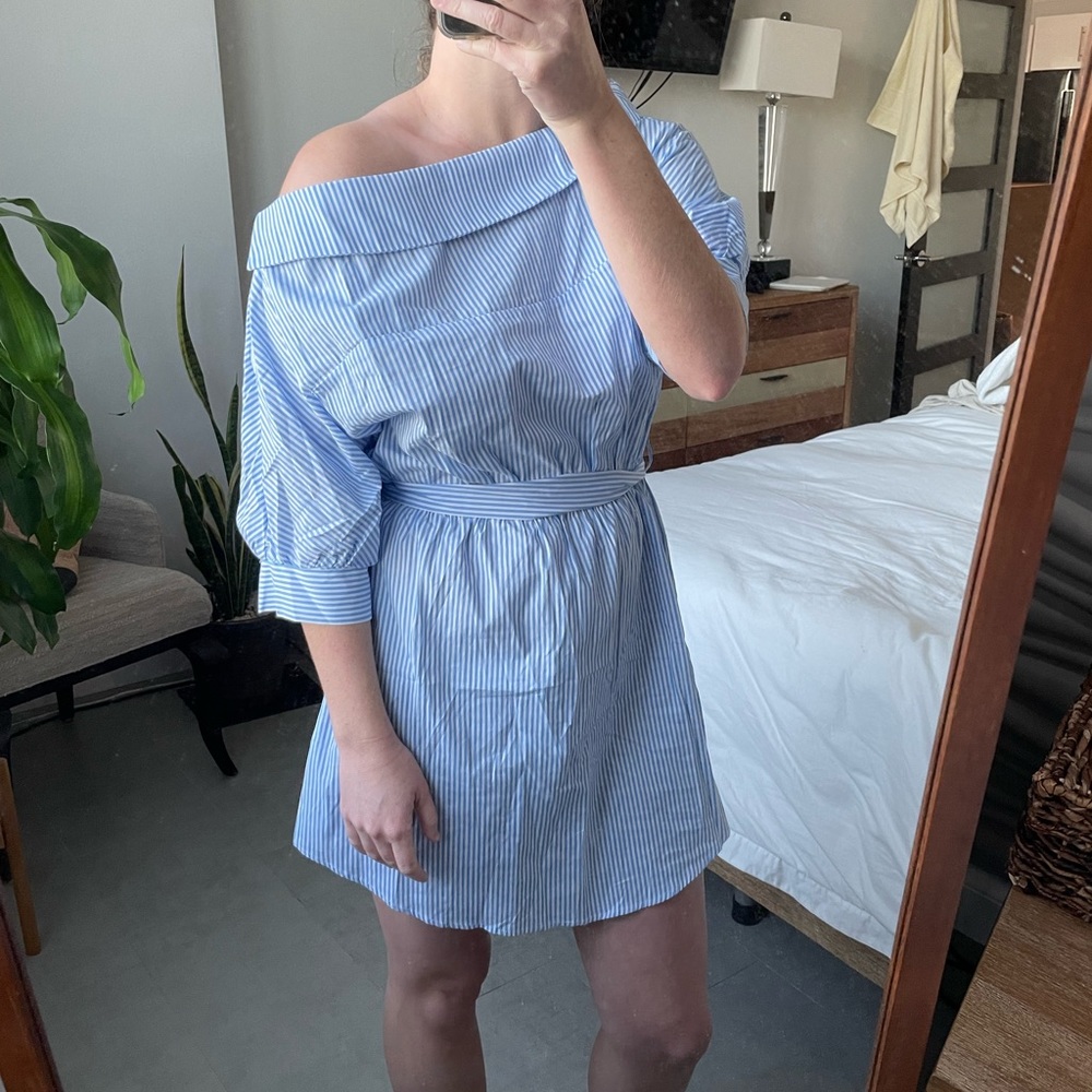 Cute blue and white stripe off the shoulder summer dress